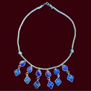 Vintage Artisan Made:  Lapis Dangle Necklace 950 Silver